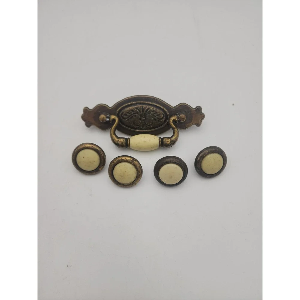 VTG Brass Drop Bail Drawer Pull Handle Hardware With 4 Knobs Wheat Ceramic